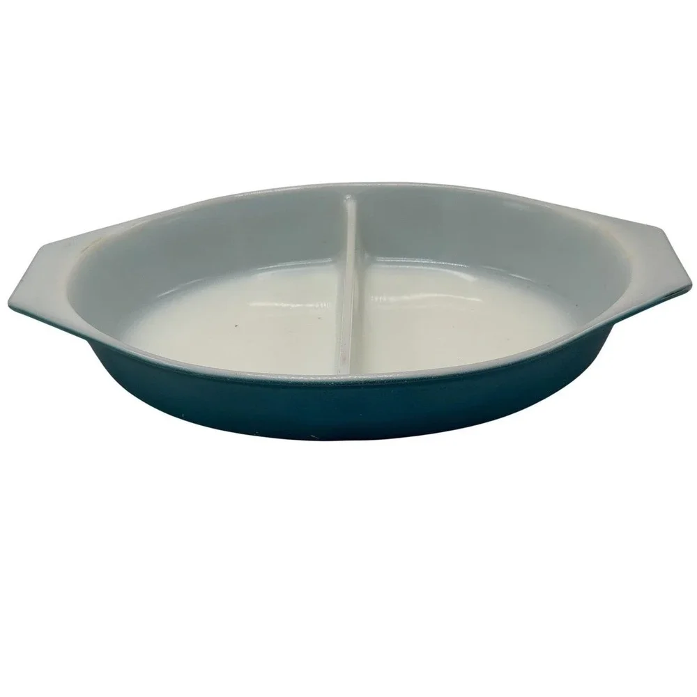 Vintage Pyrex Horizon Blue 1.5 Quart Divided Oval Casserole Dish 063 Teal Blue